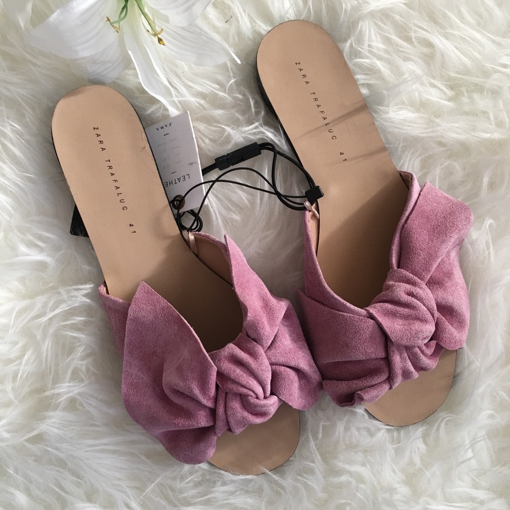 ZARA Suede Leather Pink Bow Sandals SZ 10